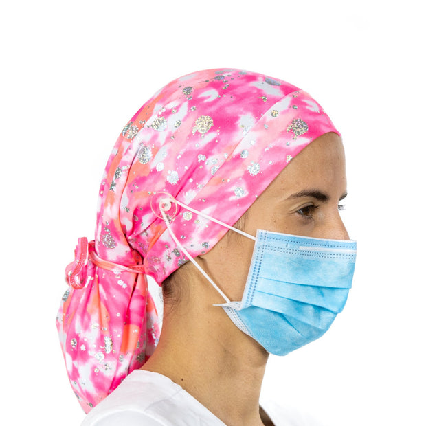 Pink and Silver Ponytail Scrub Cap - scrubcapsusa