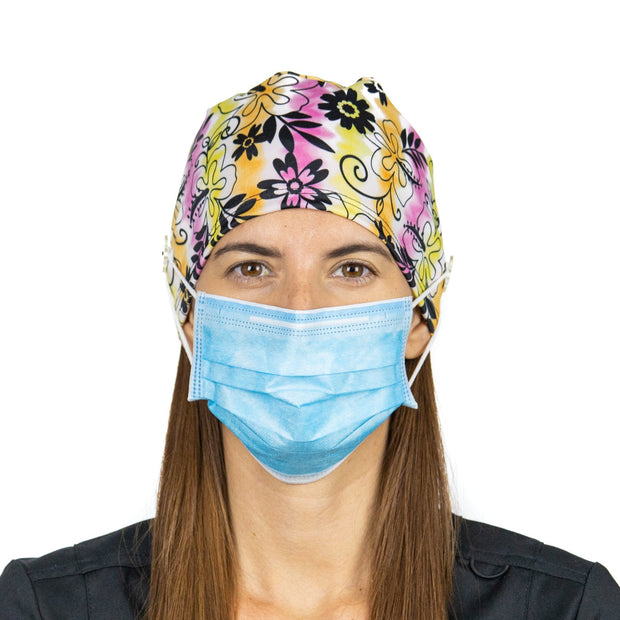 Black Flowers Scrub Cap with Buttons - scrubcapsusa