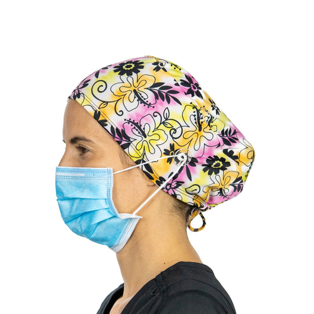 Black Flowers Scrub Cap with Buttons - scrubcapsusa