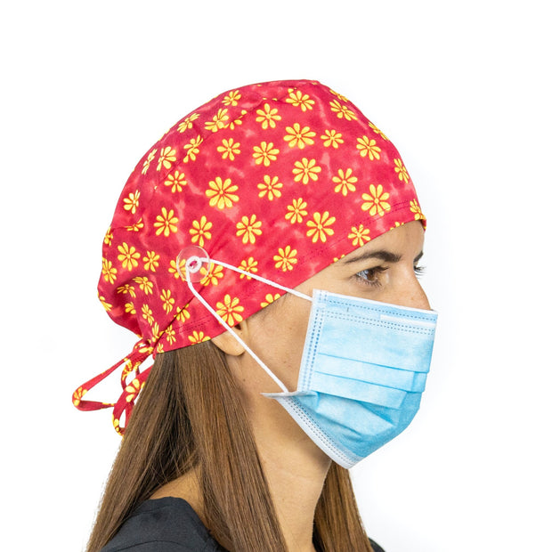 Yellow Flowers Scrub Cap with Buttons - scrubcapsusa