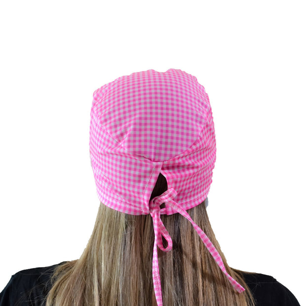 Pink and White Scrub Cap with Buttons - scrubcapsusa