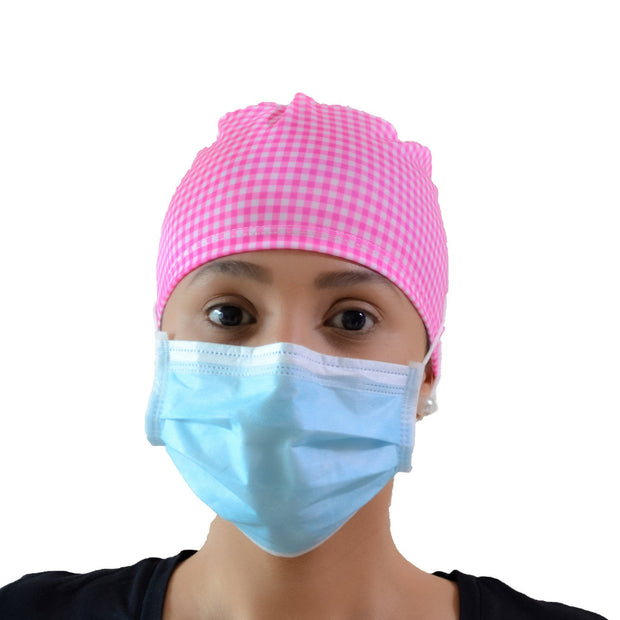 Pink and White Scrub Cap with Buttons - scrubcapsusa